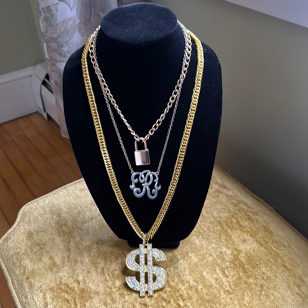 Zara 1st $ Gold + Crystals Link Chain 2nd lock chain 3rd script letters. Hip Hop